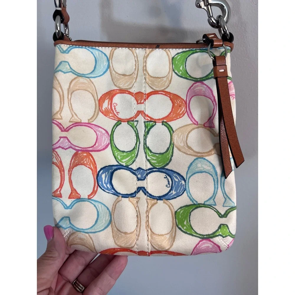 Coach Scribble Signature C Multi Color Canvas Crossbody Bag Pink White Small